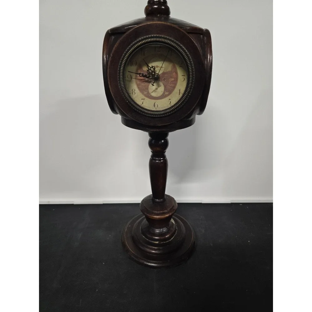 Vintage 4 Sided Wooden Pedestal Clock 1980s 4-Faced Table Mantel Clock Rustic